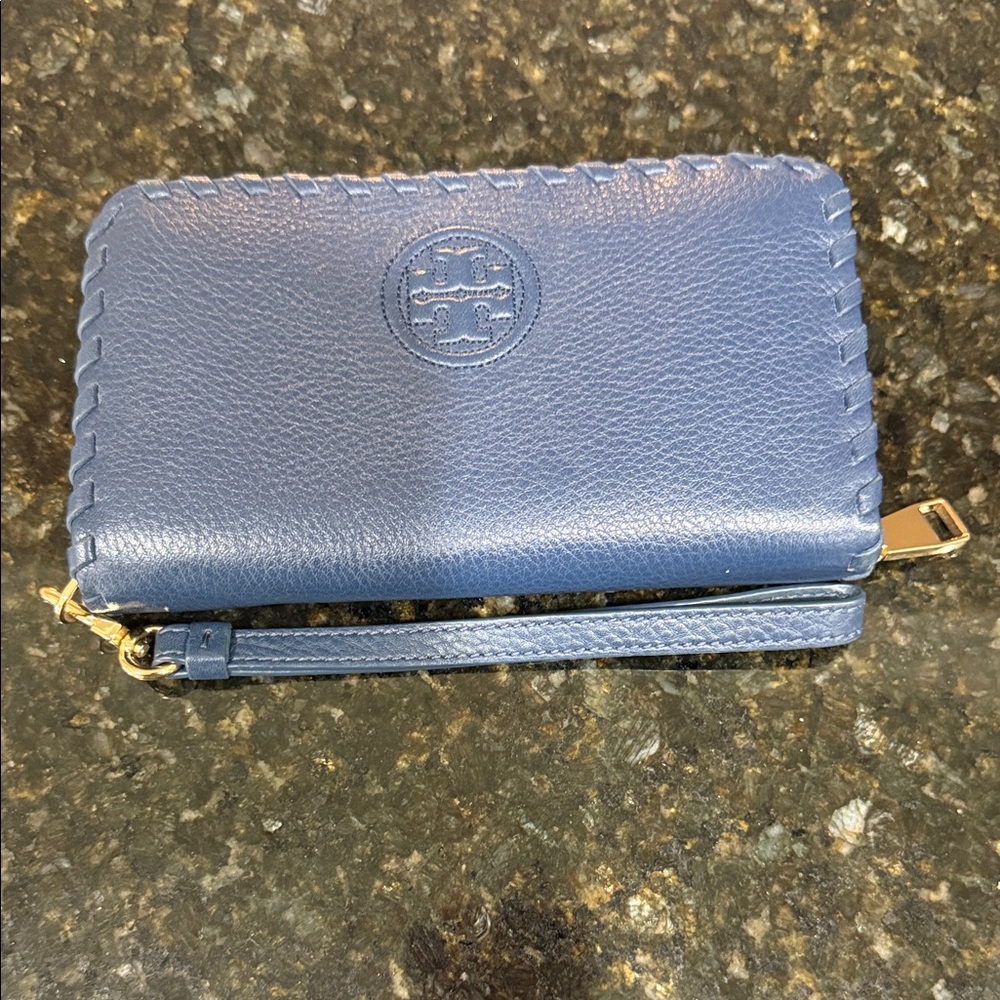 Tory Burch Blue Leather Wristlet with Gold Accents